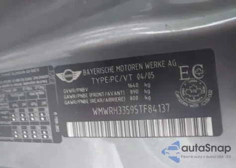 2005 Mini Cooper S z USA, uszkodzony, nr VIN WMWRH33595TF84137